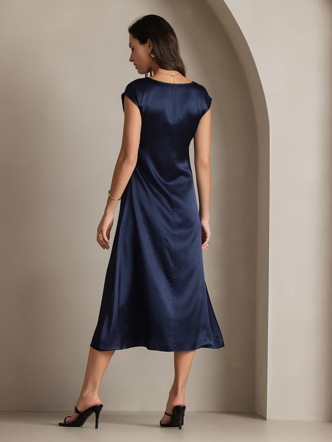 19Momme Silk Cap Sleeve Round Neck Midi Dress