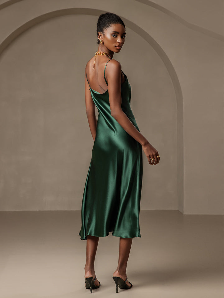 Pure Silk Spaghetti Strap Cowl Neck Bias Midi Dress with Split Design