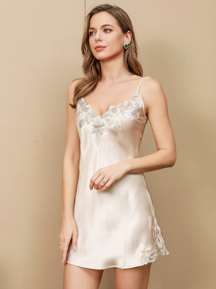 Pure Silk Spaghetti Strap Mini Nightdress with Lace Design