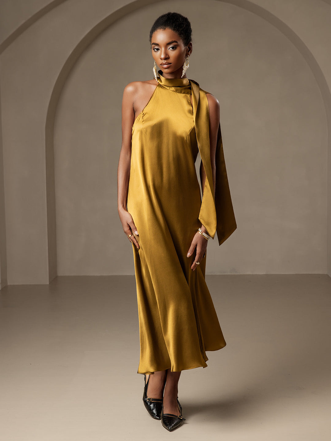 19Momme Silk Sleeveless Tie Neck Midi Dress