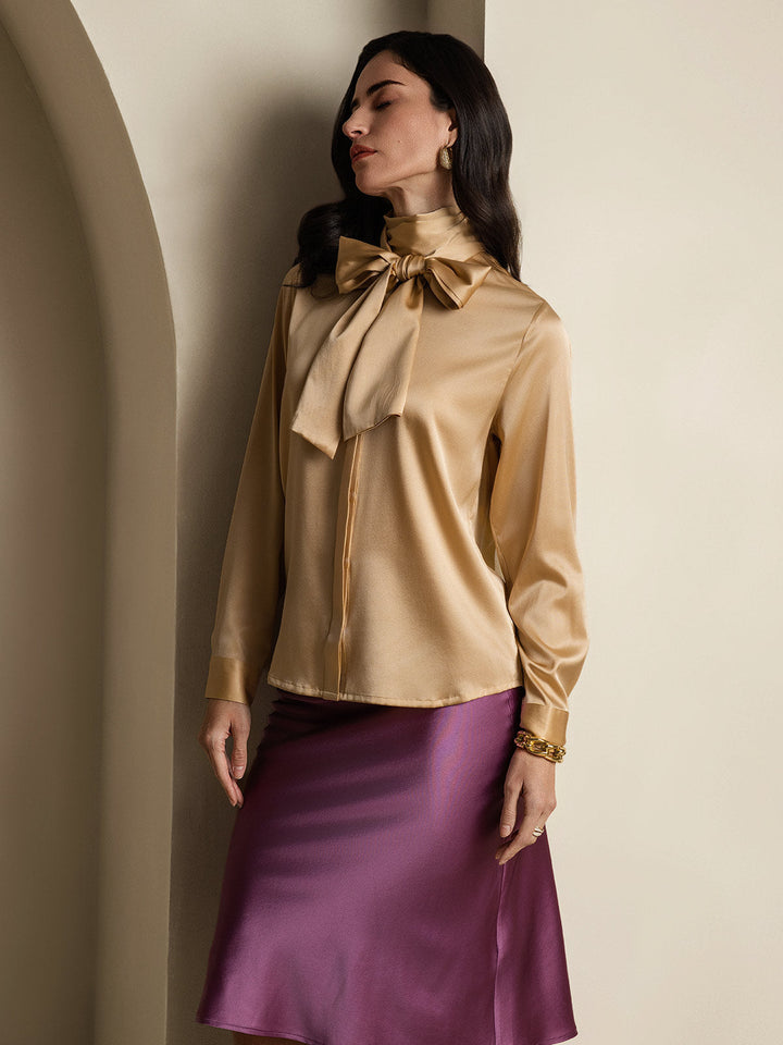 19Momme Silk Long Sleeve High Neck Bow Tie Blouse