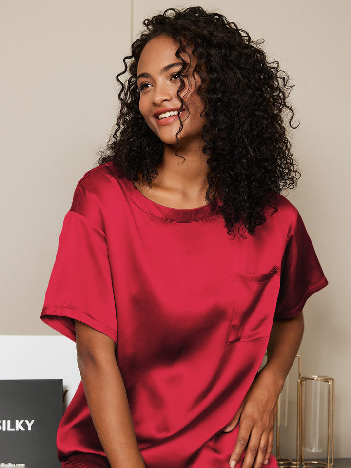 Women's Pure Silk Short Sleeve Round Neck Above the Knee Pyjamas Set