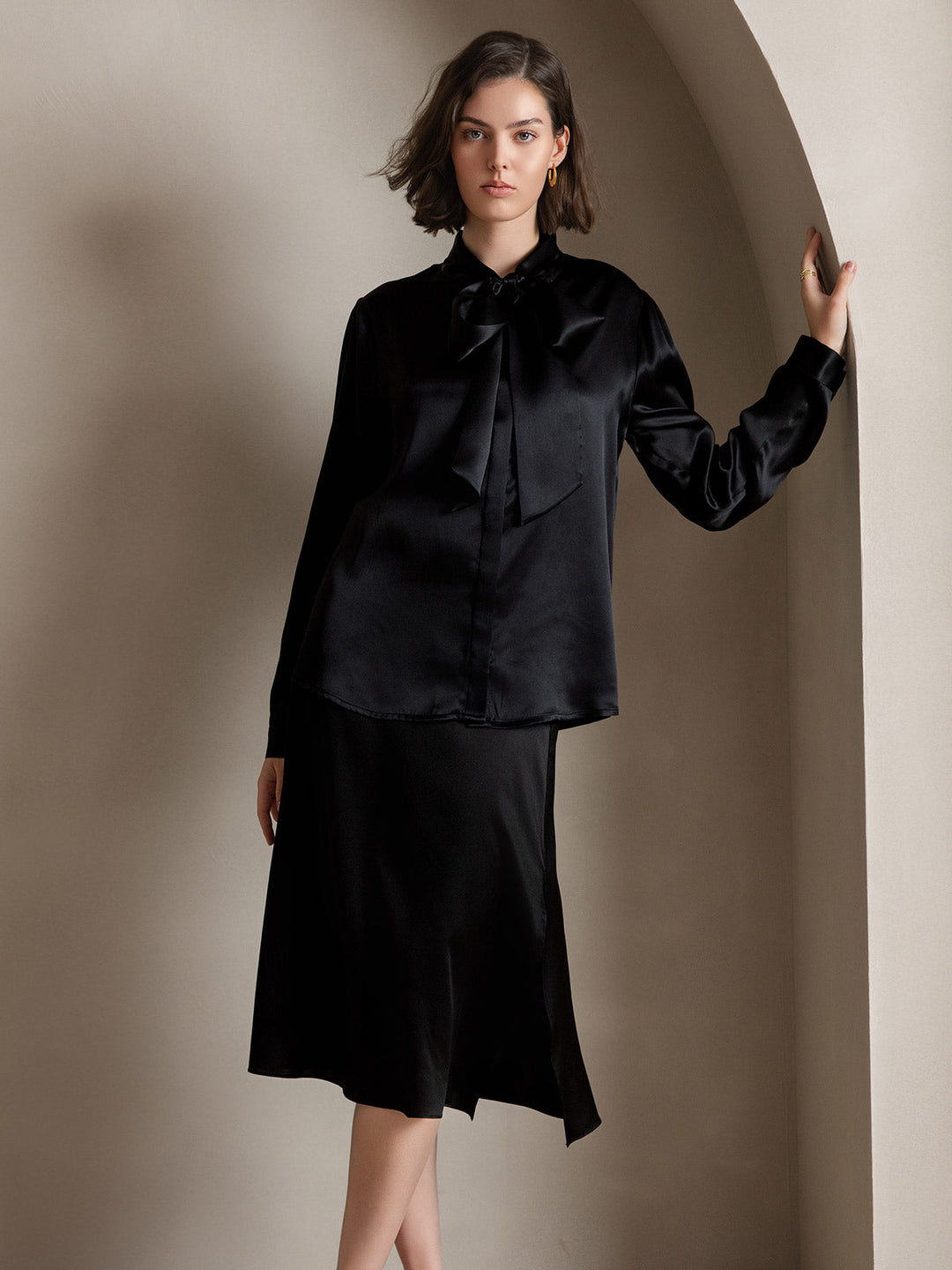 19Momme Silk Long Sleeve Tie Neck Blouse