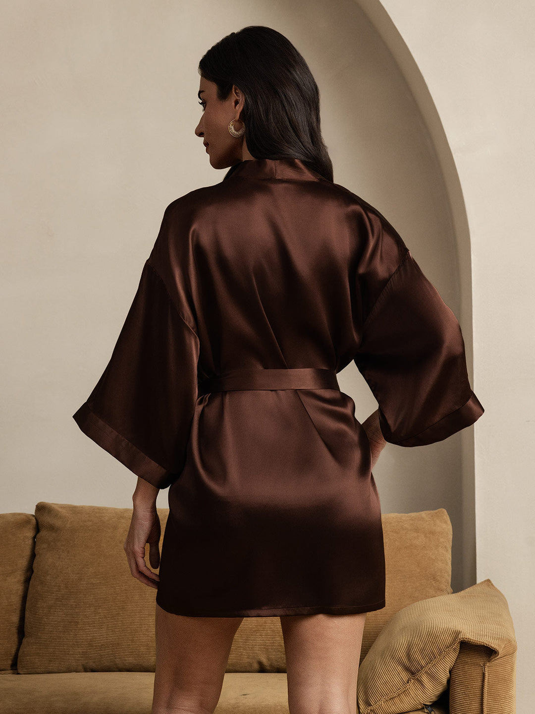 Pure Silk 3/4 Sleeve Short Women's Kimono Dressing Gown with Wrap Design