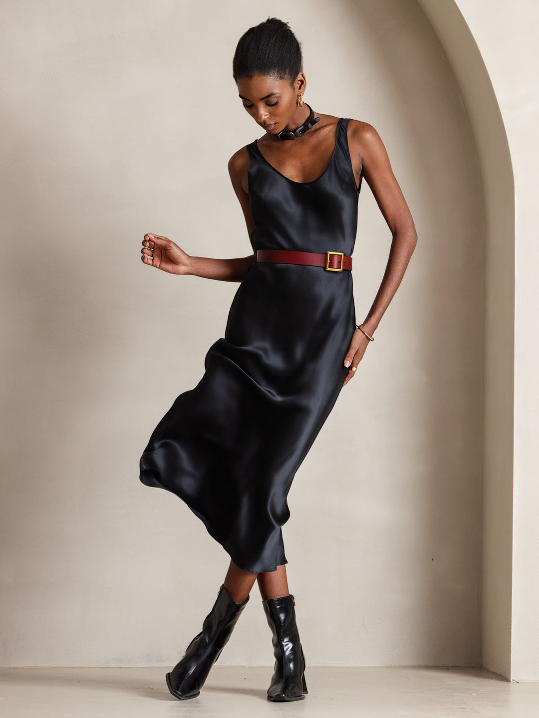 Pure Silk Sleeveless U Neck Midi Dress