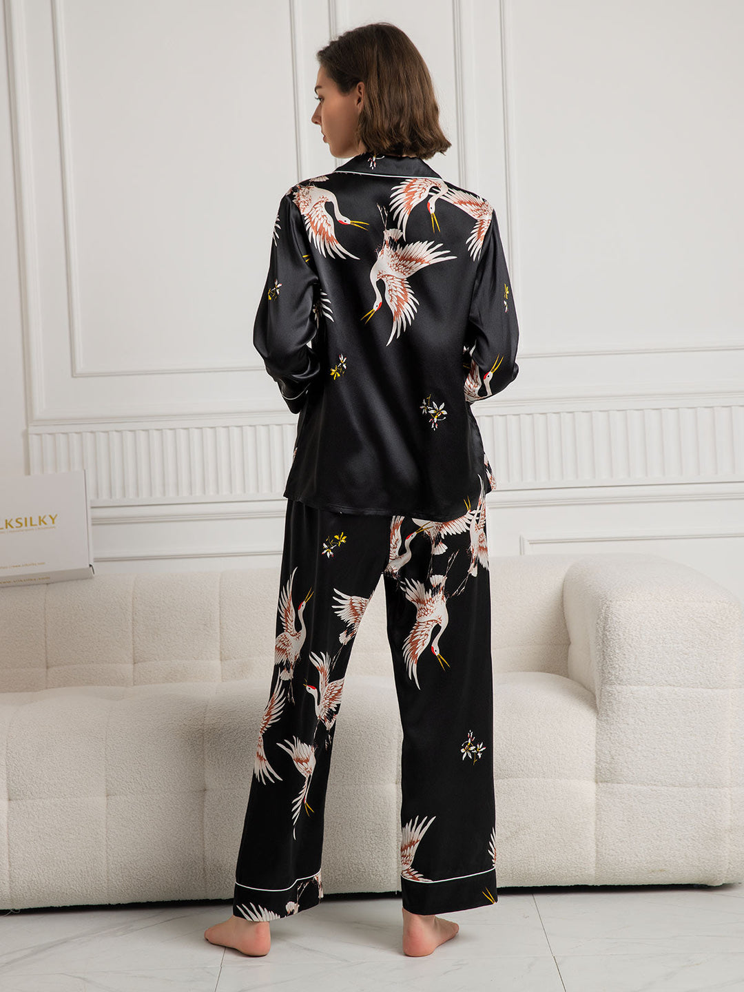 19Momme Pure Silk Crane Print Women's Long Sleeve Notch Collar Pyjamas Set