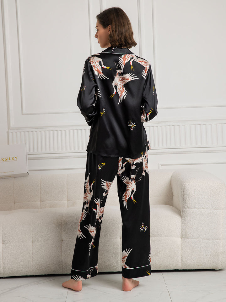 19Momme Pure Silk Crane Print Women's Long Sleeve Notch Collar Pyjamas Set