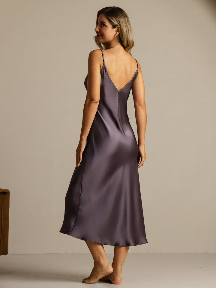 Pure Silk Spaghetti Strap Long Nightgown with Lace Split Design
