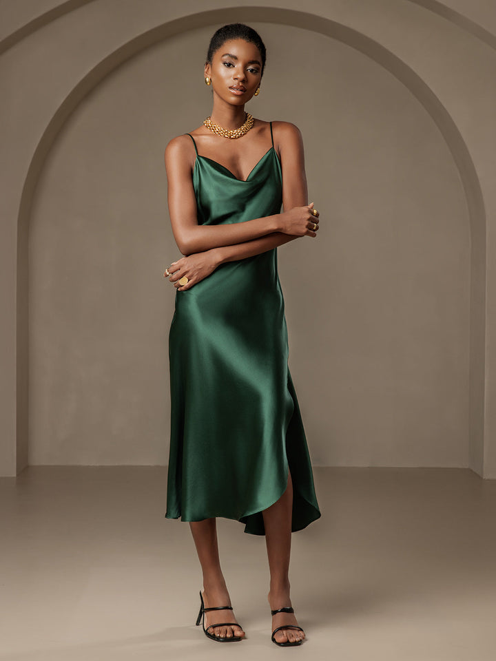 Pure Silk Spaghetti Strap Cowl Neck Bias Midi Dress with Split Design
