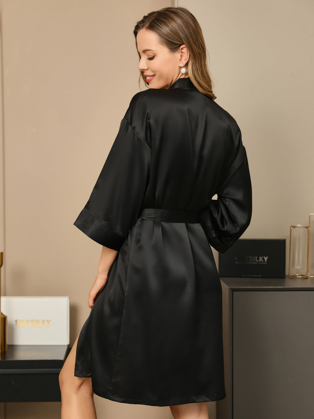 Pure Silk 3/4 Sleeve Women's Kimono Wrap Dressing Gown