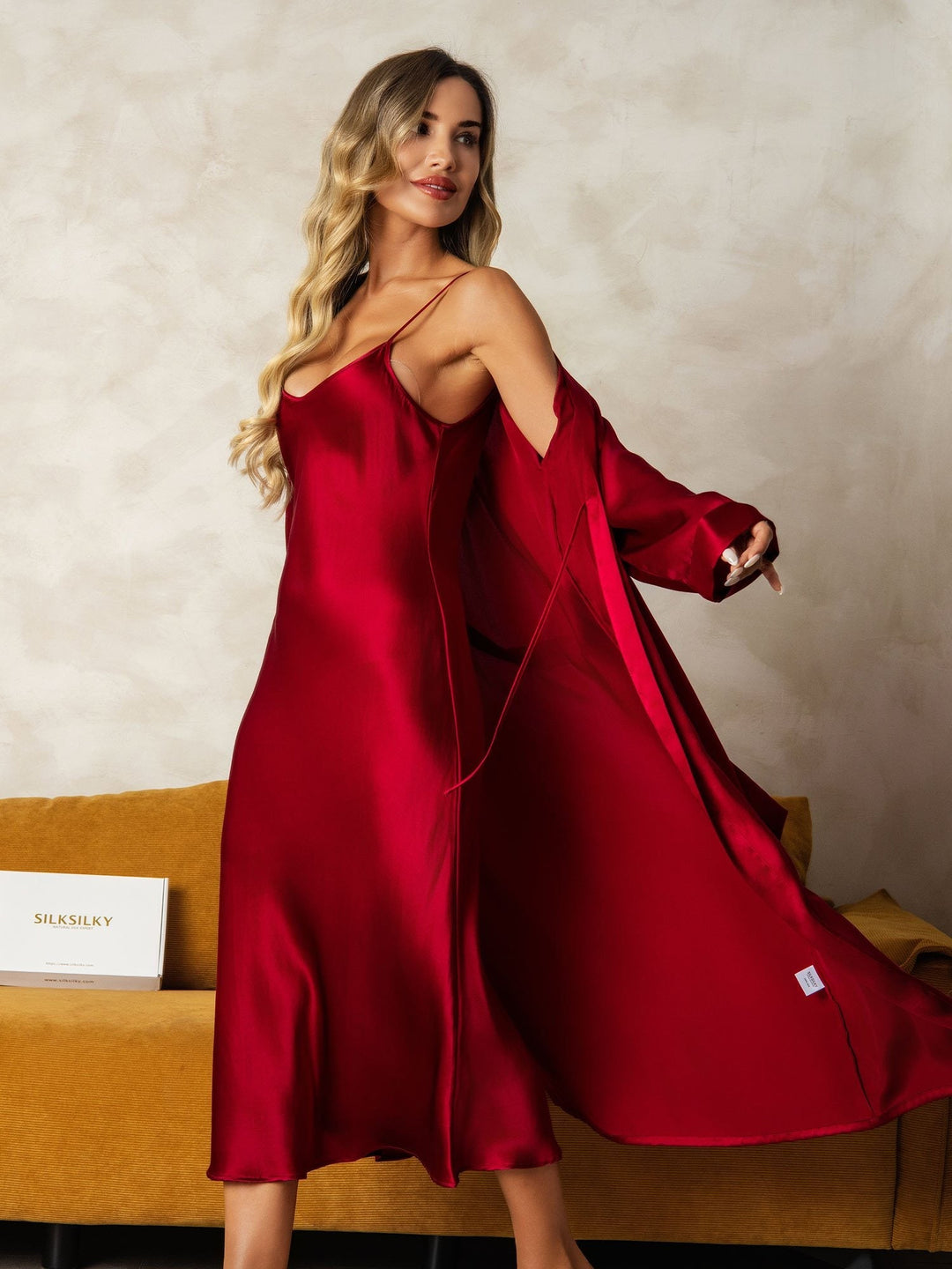 Pure Silk V-Neck Midi Nightdress & Dressing Gown Set 2Pcs