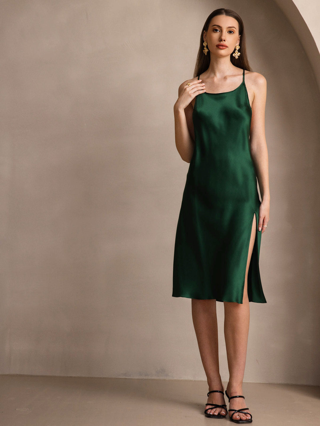 Pure Silk Spaghetti Strap U Neck Knee Dress with Split Criss Cross V-Back Design