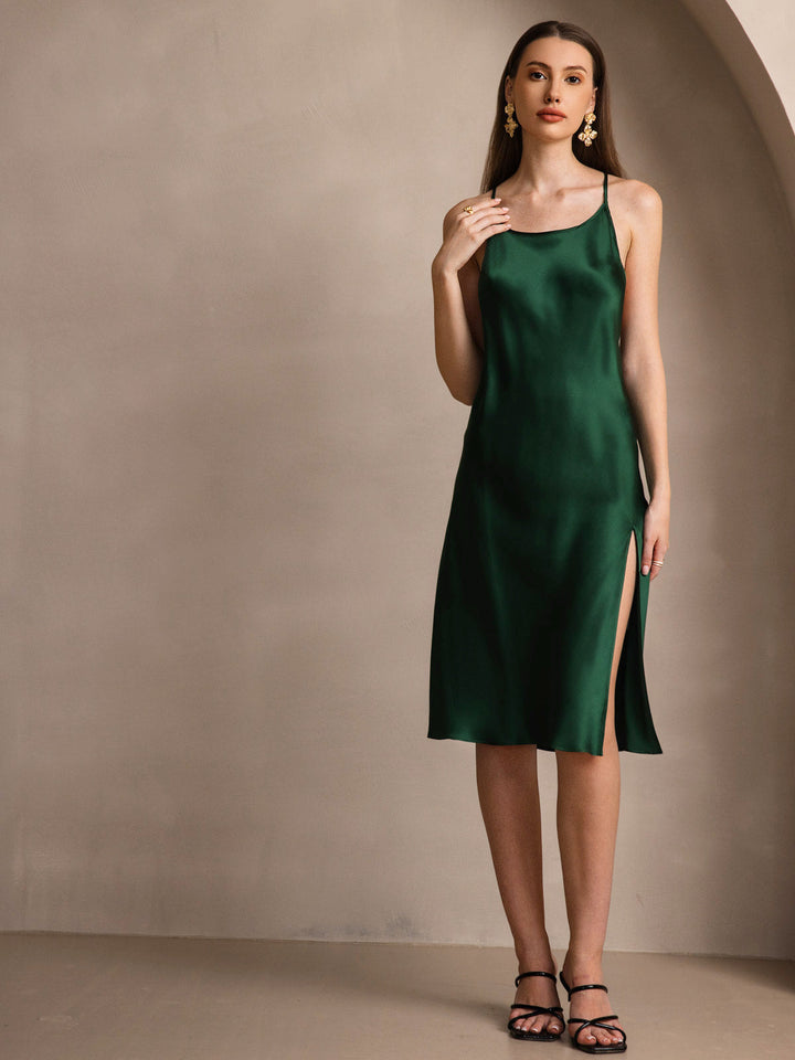 Pure Silk Spaghetti Strap U Neck Knee Dress with Split Criss Cross V-Back Design