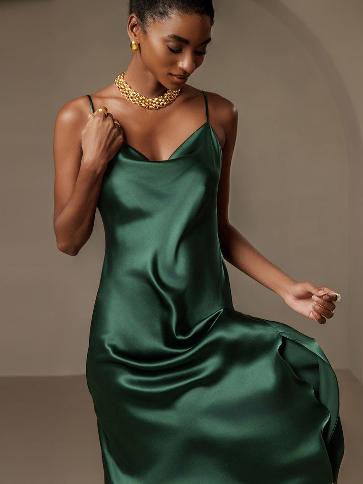 Pure Silk Spaghetti Strap Cowl Neck Bias Midi Dress with Split Design