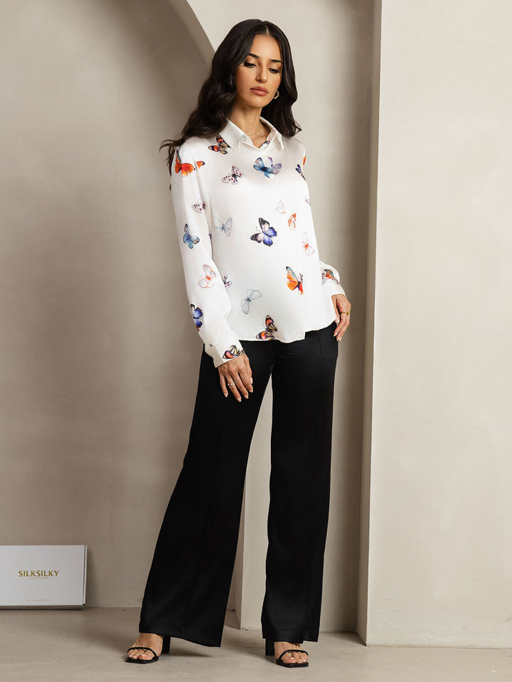 19Momme Silk Long Sleeve Lapel Collar Women's Shirt with Button Up Design