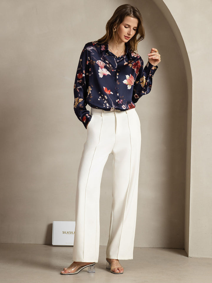 19Momme Silk Long Sleeve Lapel Collar Women's Shirt with Button Up Design