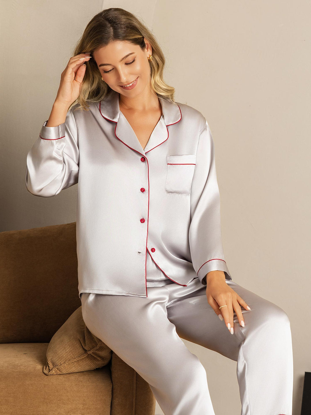 Women's Pure Silk Long Sleeve Notch Collar Pyjamas Set