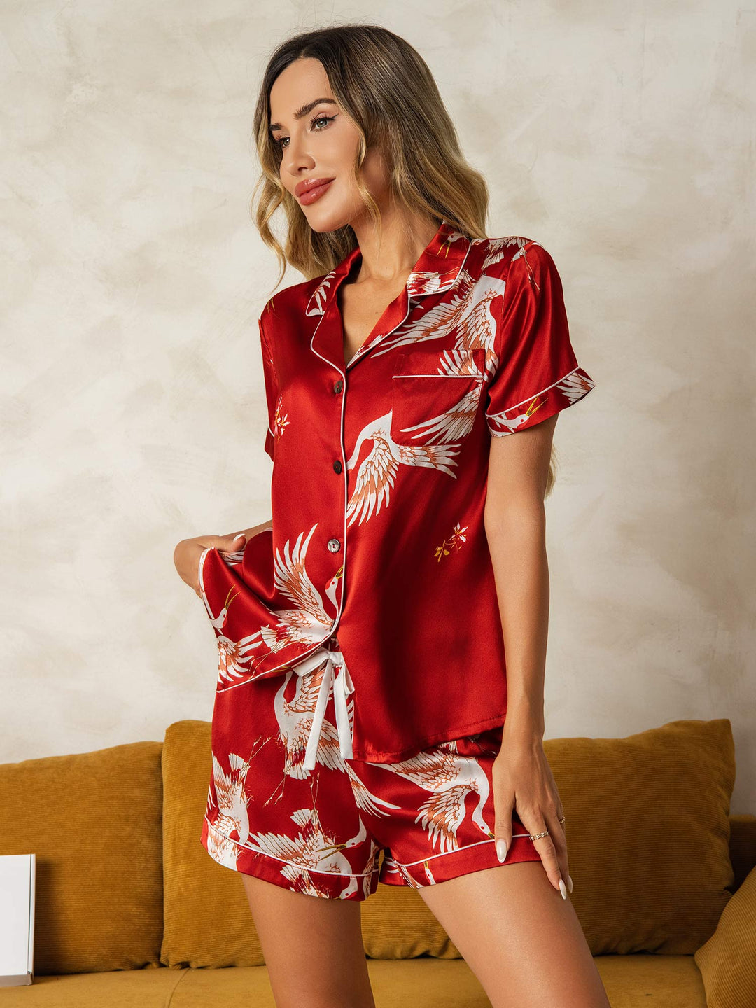 19Momme Women's Pure Silk Crane Print Short Sleeve Notch Collar Pyjamas Set
