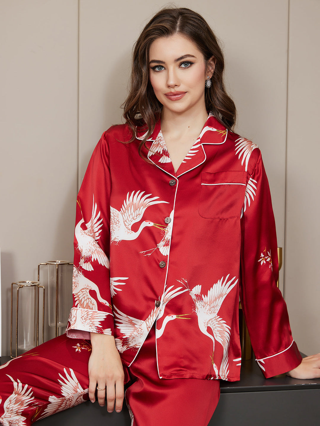 19Momme Women's Pure Silk Crane Print Long Sleeve Pyjamas Set