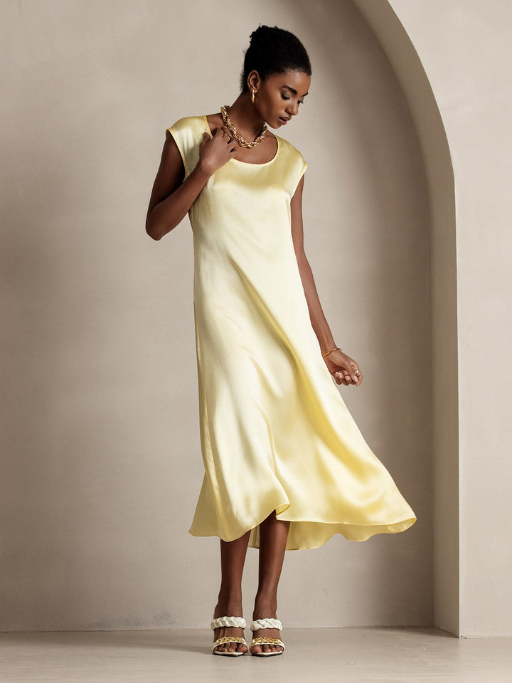 19Momme Silk Cap Sleeve Round Neck Midi Dress