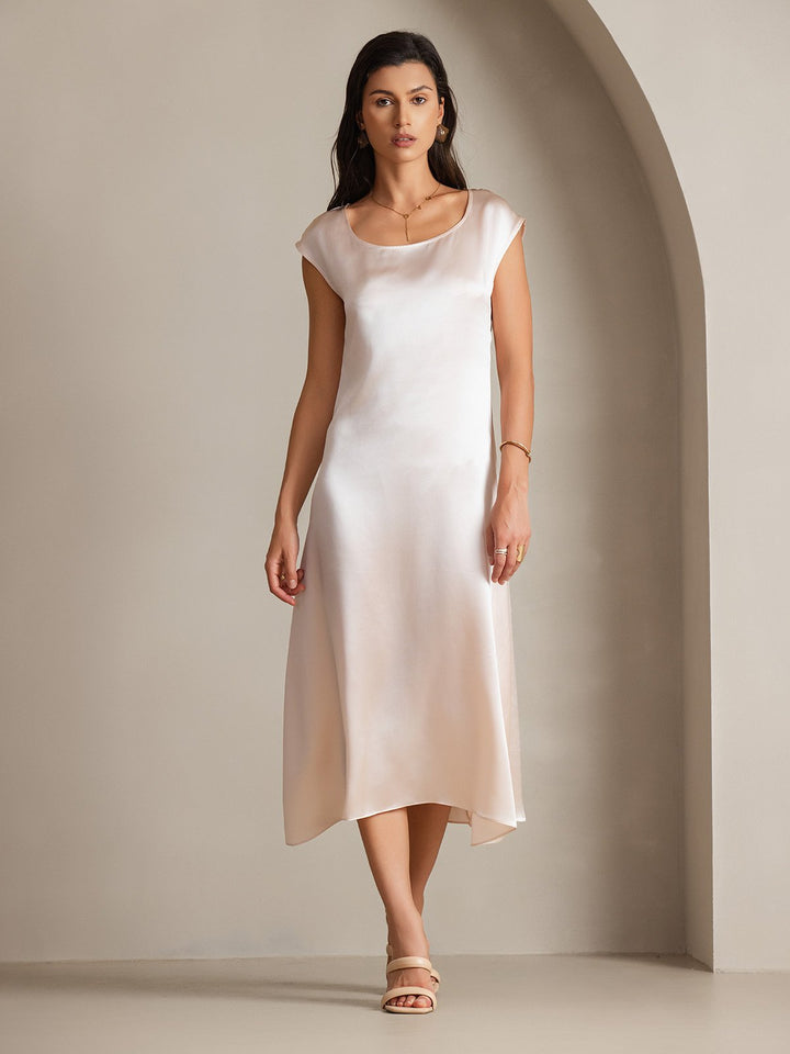 19Momme Silk Cap Sleeve Round Neck Midi Dress