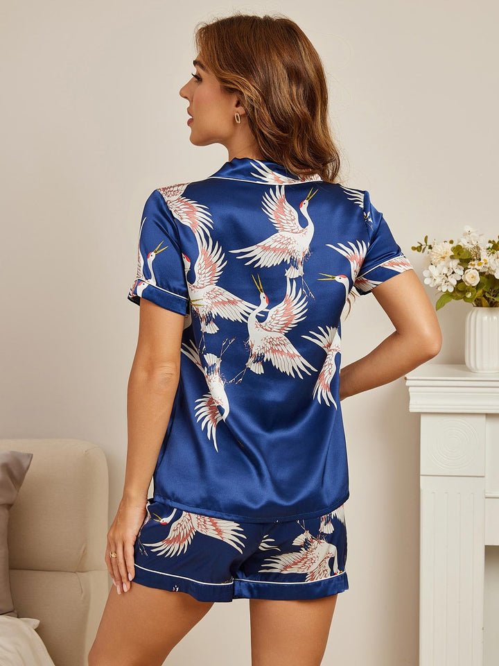 19Momme Pure Silk Crane Print Short Sleeve Notch Collar Women's Pyjamas Set
