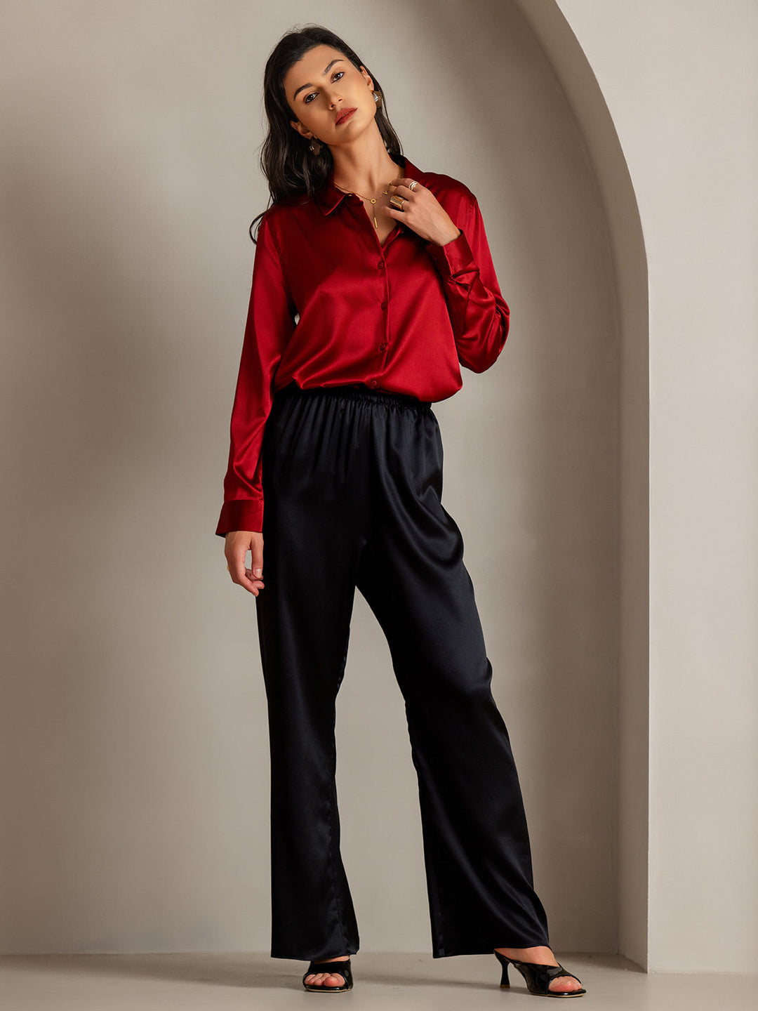 19Momme Silk Long Sleeve Lapel Collar Women's Shirt with Button Up Design