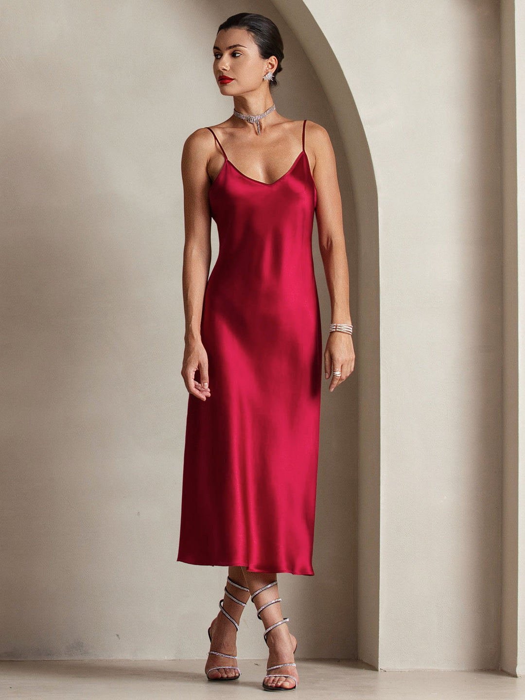 Pure Silk Spaghetti Strap V Neck Midi Dress