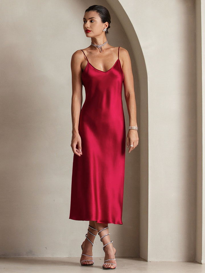 Pure Silk Spaghetti Strap V Neck Midi Dress