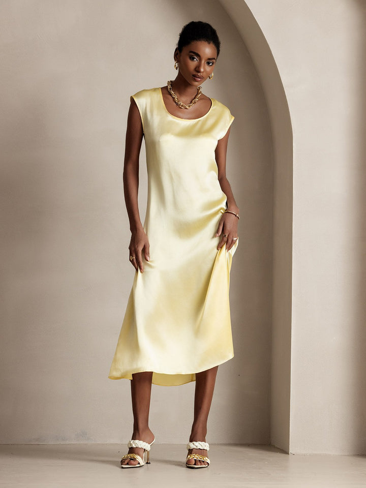 19Momme Silk Cap Sleeve Round Neck Midi Dress