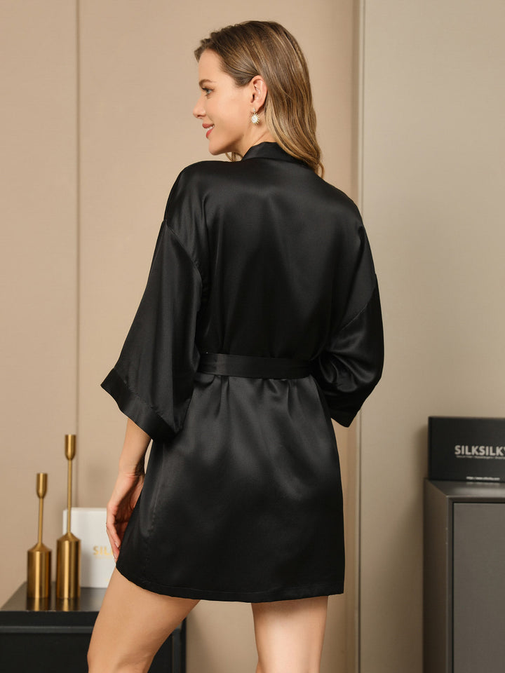 Pure Silk Short Women's Kimono Dressing Gown with Wrap Design