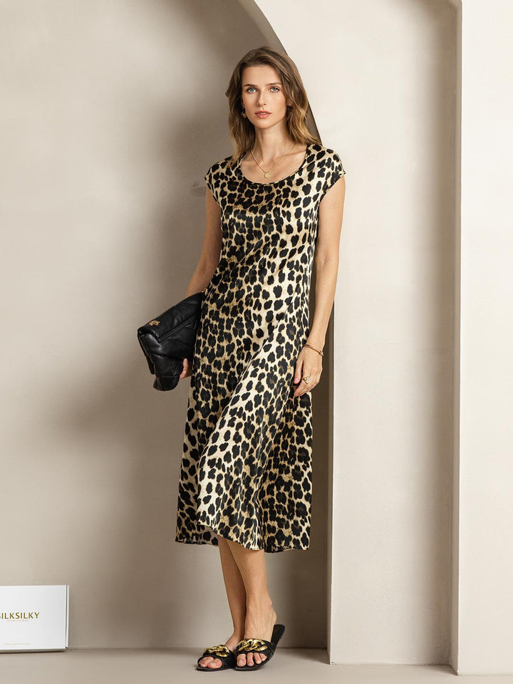 Clearance(Ships to UK Only) - 19Momme Silk Leopard Print Cap Sleeve Midi Dress