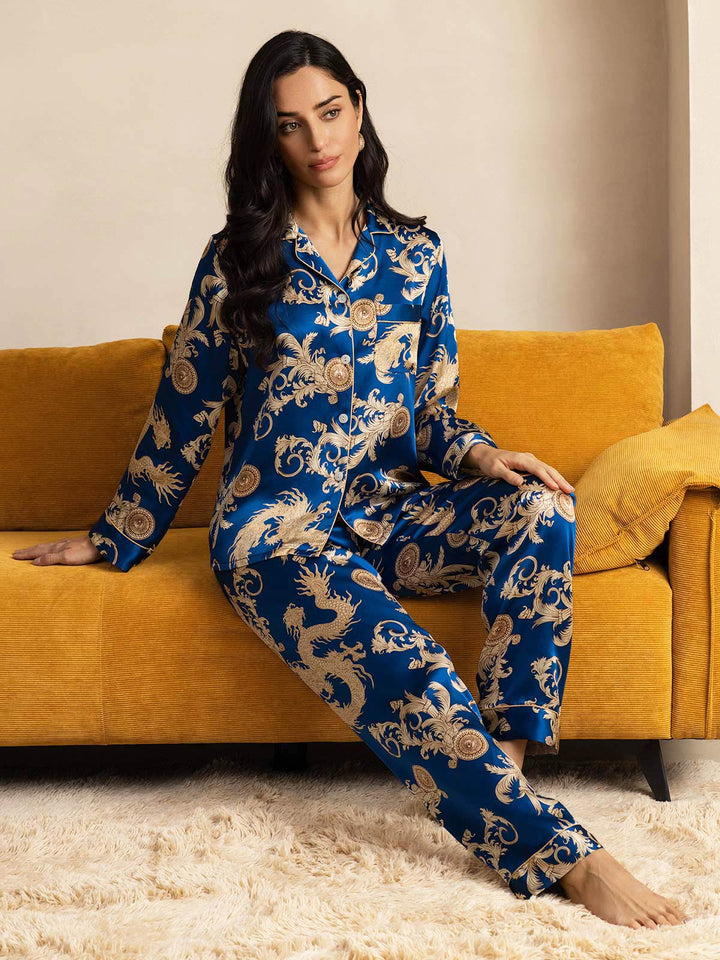 Pure Silk Dragon Print Long Sleeve Notch Collar Women's Pyjamas Set With Pants