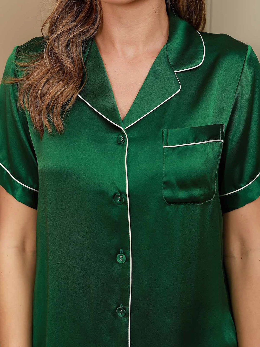 Pure Silk Short Sleeve Notch Collar Above the Knee Women's Pyjamas Set