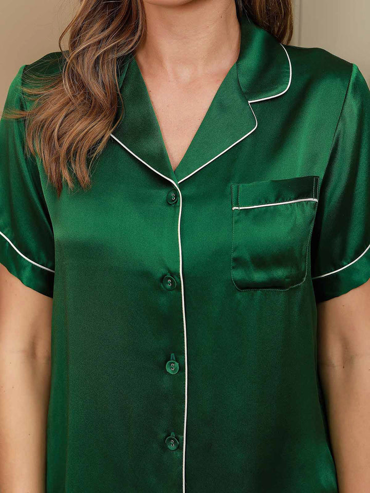 Pure Silk Short Sleeve Notch Collar Above the Knee Women's Pyjamas Set