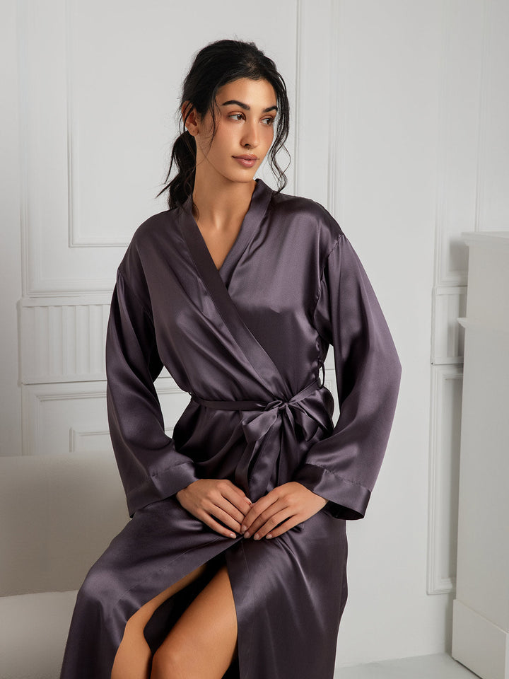 Women's Pure Silk Long Sleeve Midi Wrap Dressing Gown