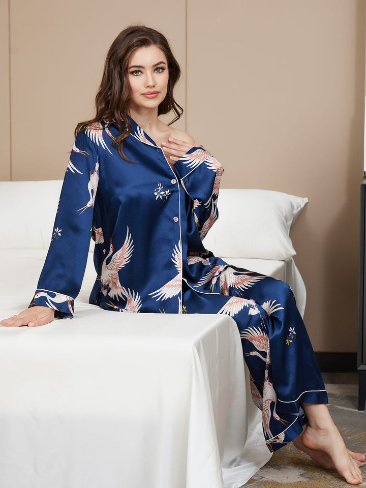 19Momme Women's Pure Silk Crane Print Long Sleeve Pyjamas Set