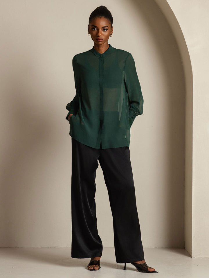 Pure Silk Long Sleeve Split Sheer Blouse