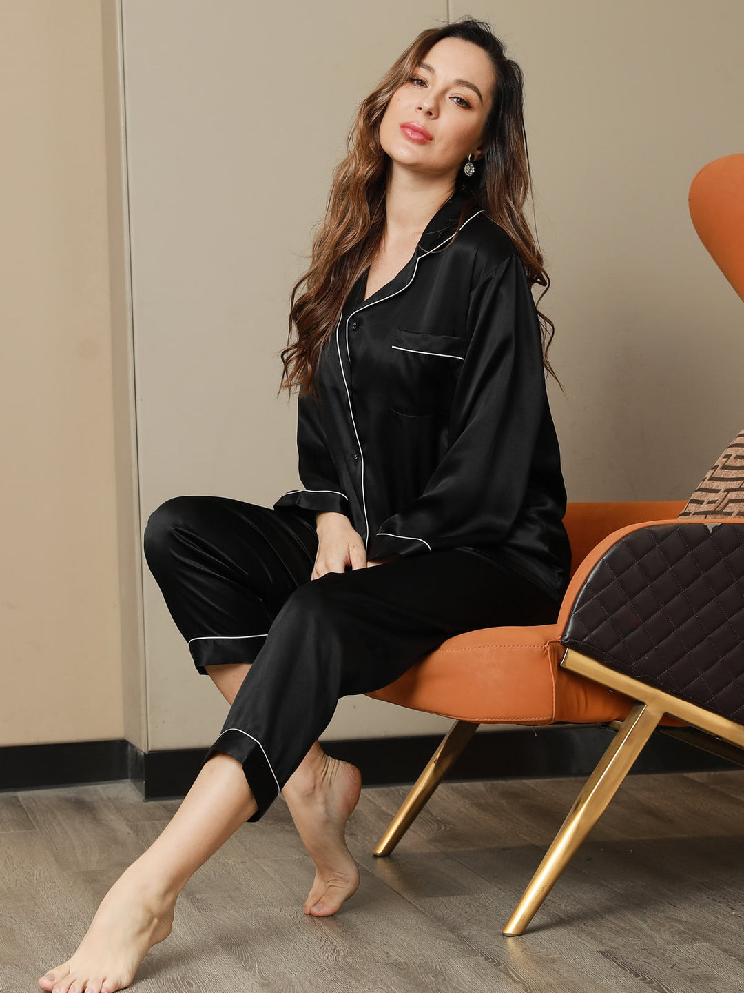 Pure Silk Notch Collar Button Up Women's Pyjamas Set